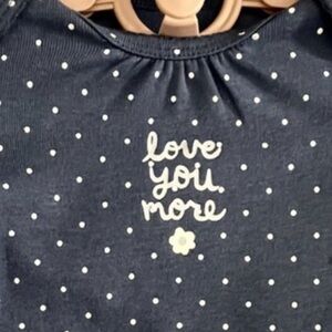 NEW Carters Long Sleeved Onesie Embroidered ‘Love You More’ Navy w/Polka Dots 3M